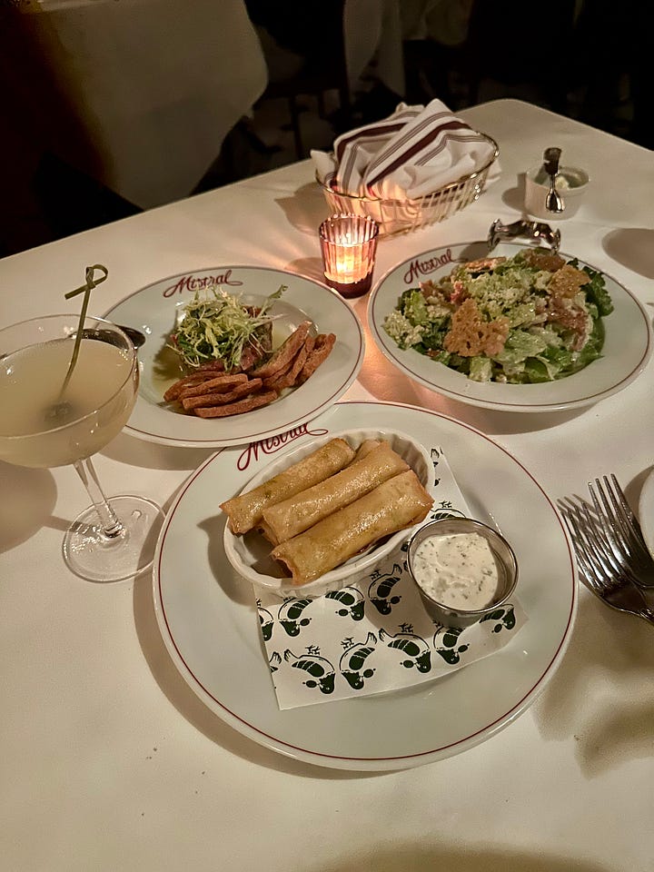 Appetizers and chocolate souffle at Mistral