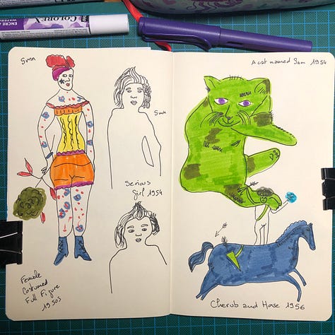 Photos de 3 doubles-pages de mon sketchbook posé sur mon tapis de découpe. On y voit les reproductions d'illustrations d'Andy Warhol réalisées dans les années 50.