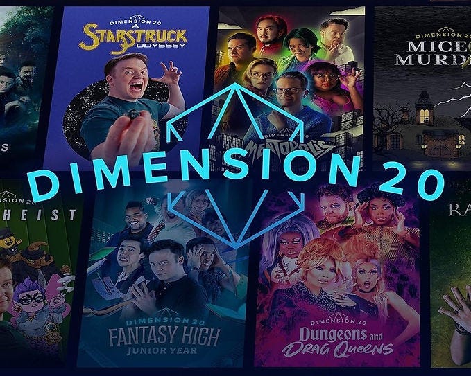 Collage of Dimension 20 series posters. Central blue geometric logo. Vibrant colors with varied characters and expressions. Texts depict titles.