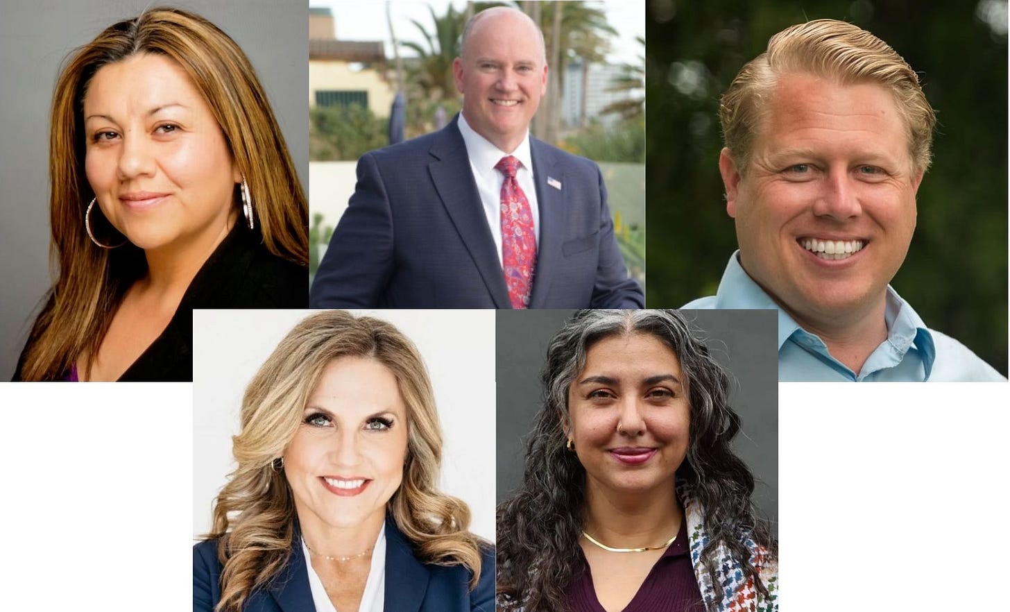 From top left are Norma Contreras, John Franklin and Kyle Krahel. From bottom left are Rebecca Jones and Sasha Miller. The five are running for the District 5 seat on the San Diego County Board of Supervisors. Steve Puterski image.