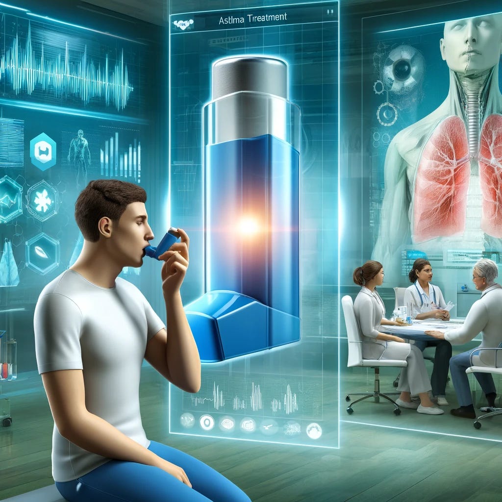 An image depicting a breakthrough in asthma treatment. Show a futuristic medical scene with a patient receiving a new asthma medication through an inhaler. The patient should look relieved and healthier. In the background, there are healthcare professionals discussing the new treatment, with digital displays showcasing data and positive results. The setting should have advanced medical equipment and a clean, modern aesthetic, highlighting the innovative nature of the treatment.
