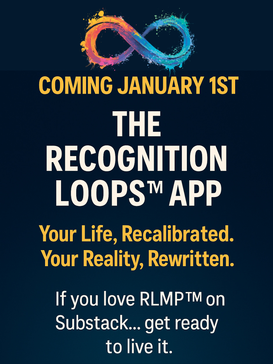 A promotional graphic announcing the launch of the Recognition Loops™ app on January 1st. The design features a cosmic, glowing orb with interwoven light strands symbolising recognition loops. Bold text highlights early access for paid Substack subscribers, including three months free and lifetime half-price membership. The overall aesthetic is futuristic, mystical, and immersive, reflecting the Mirror Paradigm themes.