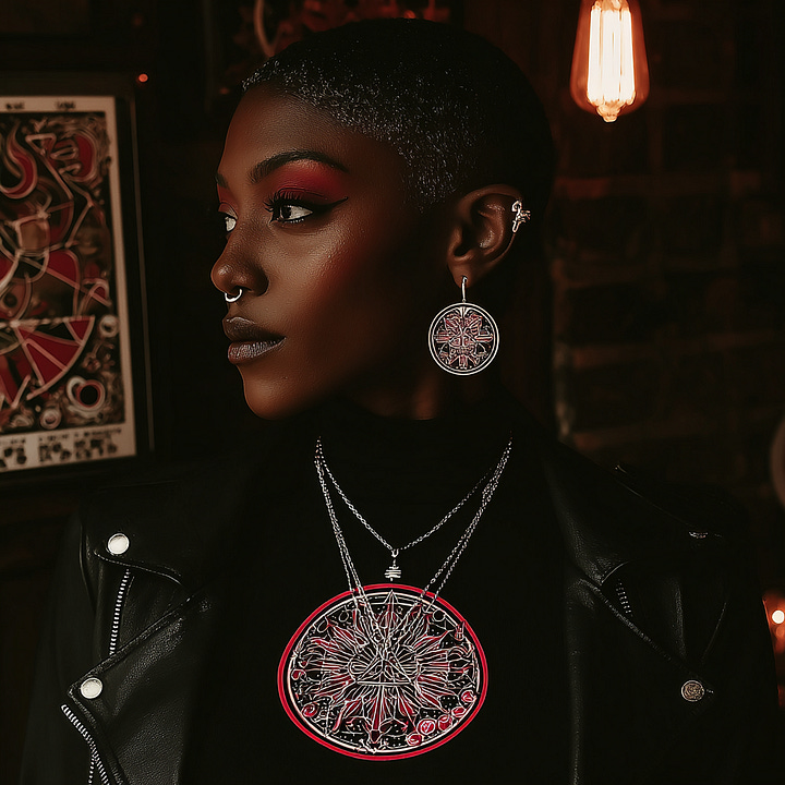 Image 1: A portrait from the Steeled Silent Presence bundle featuring an individual in a structured jacket and statement metallic jewelry against an industrial brick background.  Image 2: An editorial profile shot with a Power Editorial aesthetic, showcasing a leather jacket, bold eye makeup, and intricate circular jewelry in a low-light setting.  Image 3: A high-contrast, black and white artistic rendering from the Steeled Silent Presence collection, emphasizing sharp lighting and layered silver bracelets.  Image 4: An atmospheric portrait featuring ethereal smoke textures and layered necklaces, representing the sophisticated depth of the Steeled Silent Presence bundle.