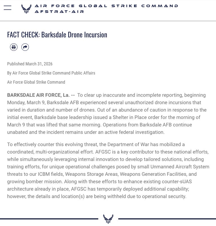 Screenshot of Air FOrce Global Strike Command Public Affiars statment on UAS spotted over Barksdale AFB in Louisiana