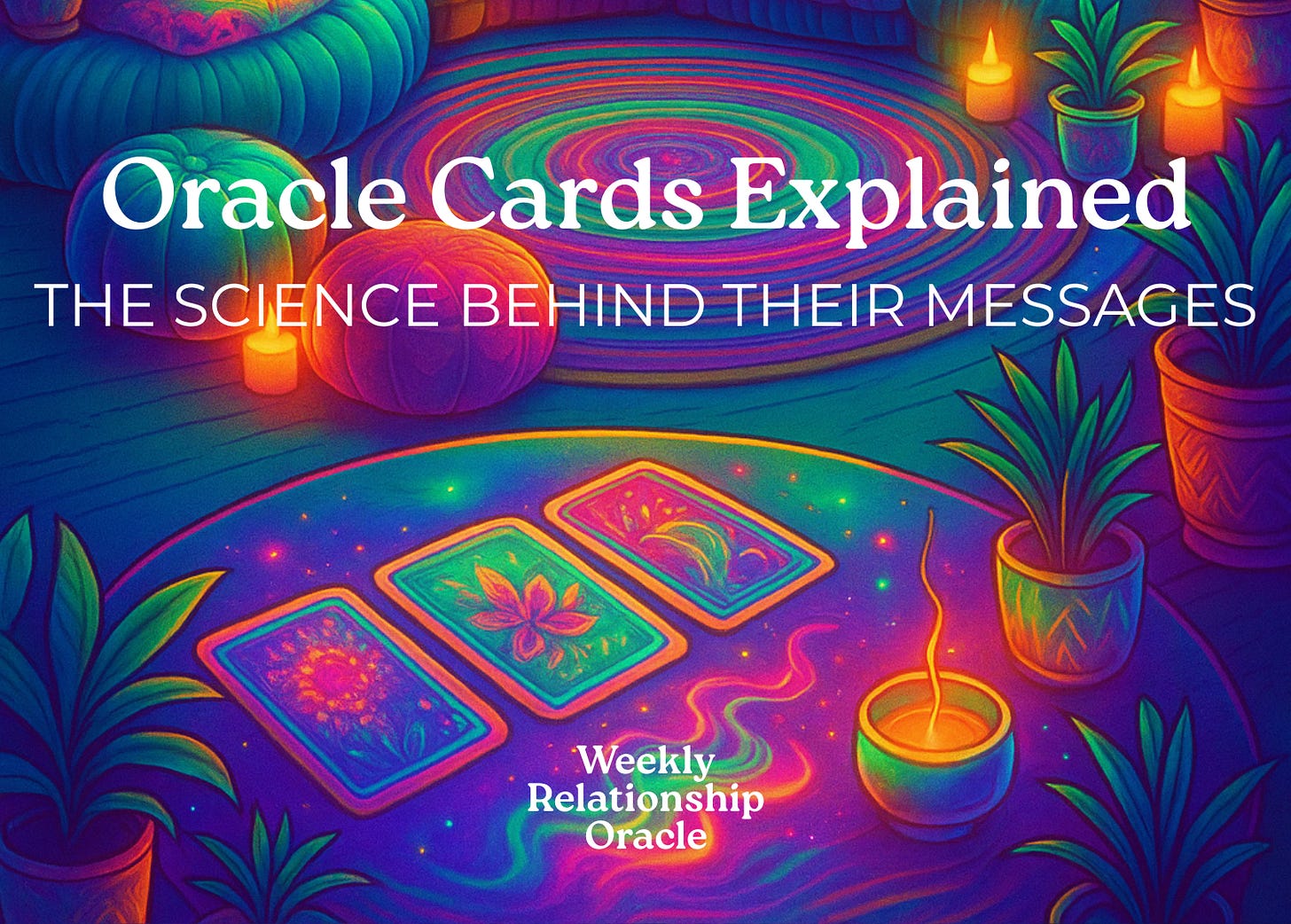 Colorful oracle card reading setup on a glowing circular mat with candles and plants around, text overlay reading “Oracle Cards Explained: The Science Behind Their Messages – Weekly Relationship Oracle.”