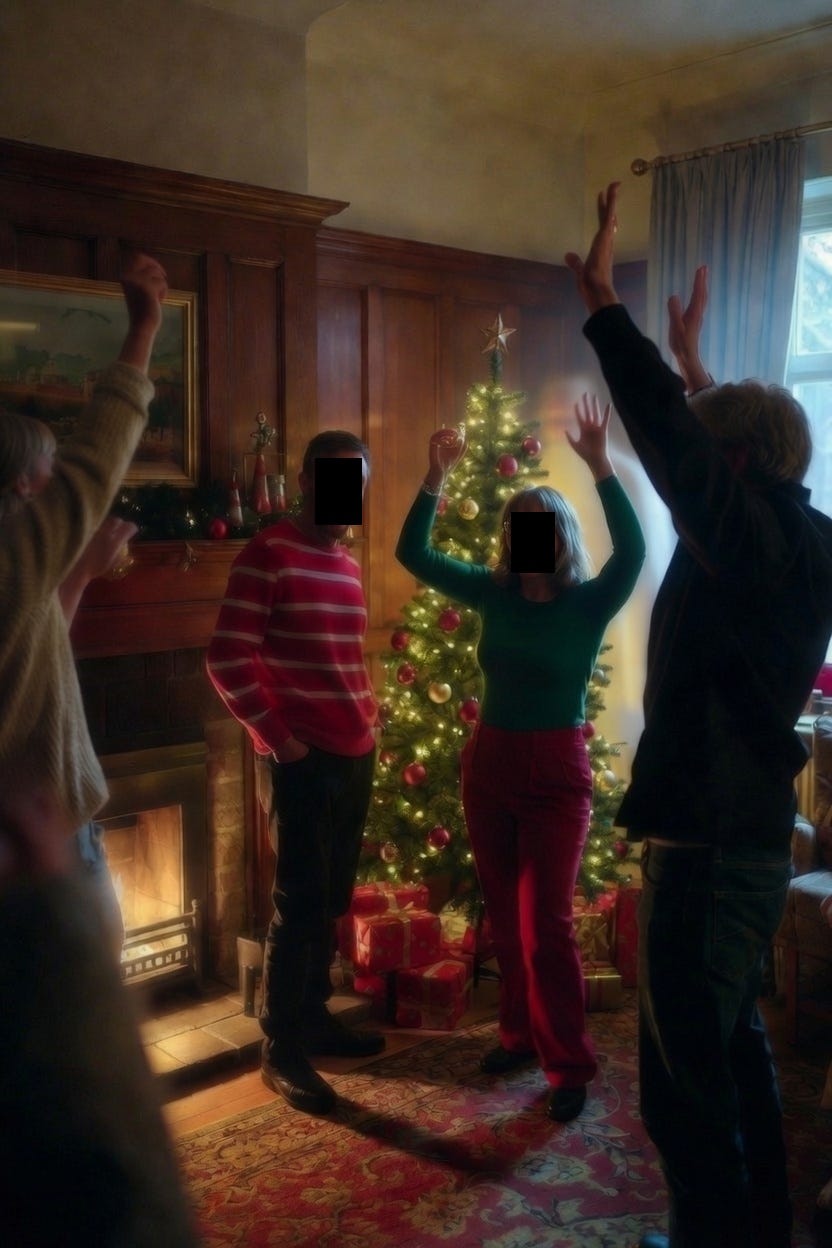 a photo of a group of people in a lounge with a christmas tree, standing in front of an open fire, cheering. Between the christmas tree and wall is a white shrouded figure.