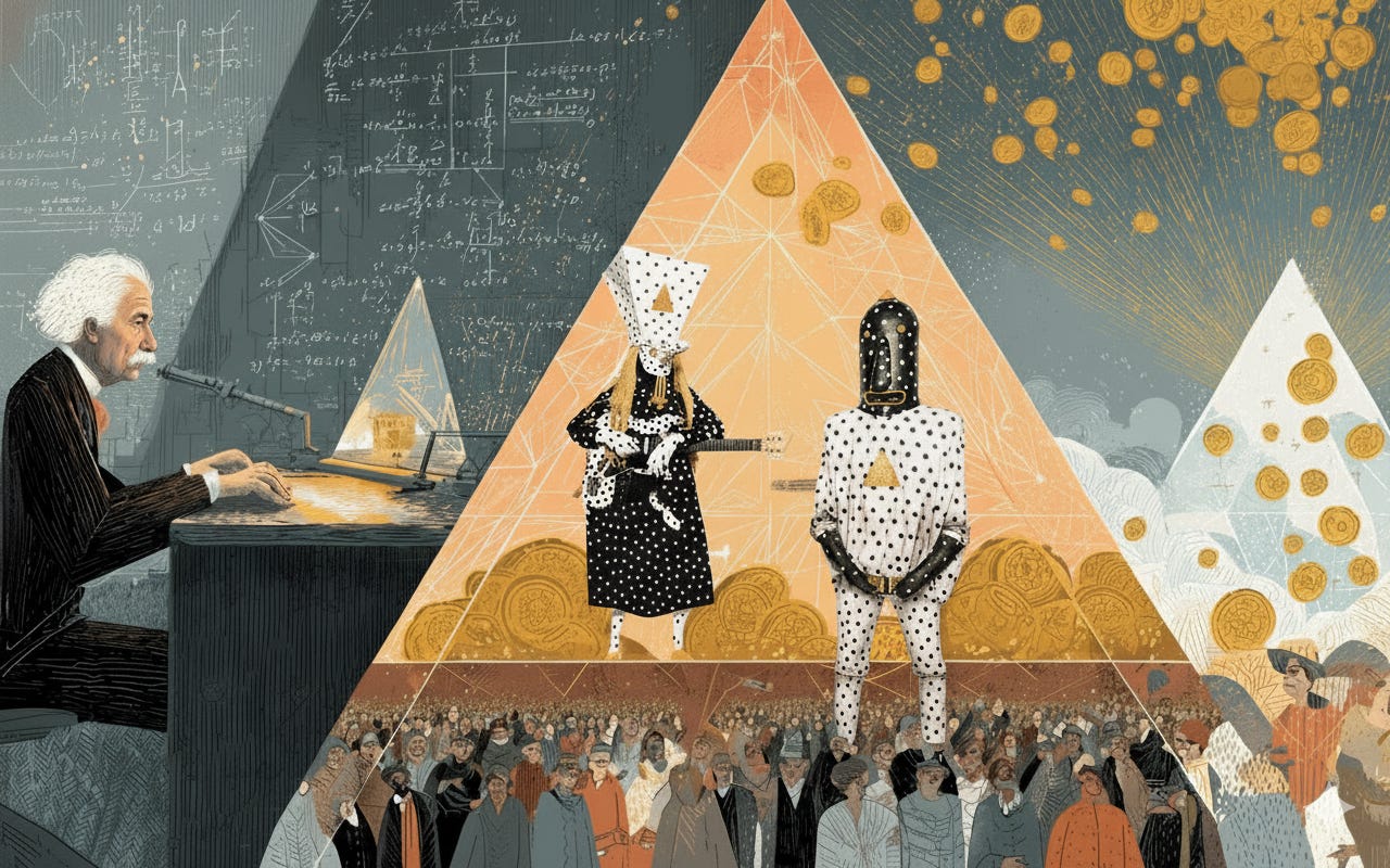 Illustration showing Einstein at a desk with equations on the left, Khn and Klek de Poitrine in black and white polka dot costumes and masks performing inside a large golden triangle at center, with gold coins falling around them and a diverse crowd of people gathered below — representing the connection between scientific genius, Angine de Poitrine's viral microtonal math rock, and universal basic income Illustration showing Einstein at a desk with equations on the left, Khn and Klek de Poitrine in black and white polka dot costumes and masks performing inside a large golden triangle at center, with gold coins falling around them and a diverse crowd of people gathered below — representing the connection between scientific genius, Angine de Poitrine's viral microtonal math rock, and universal basic income