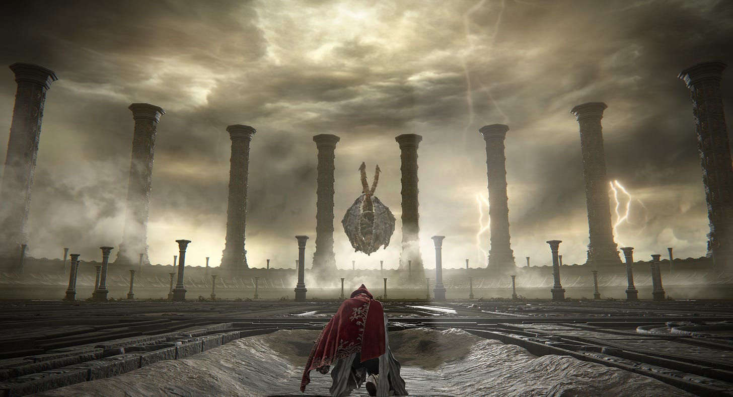 A large arena with columns and two figures, a kneeling woman and a dragon
