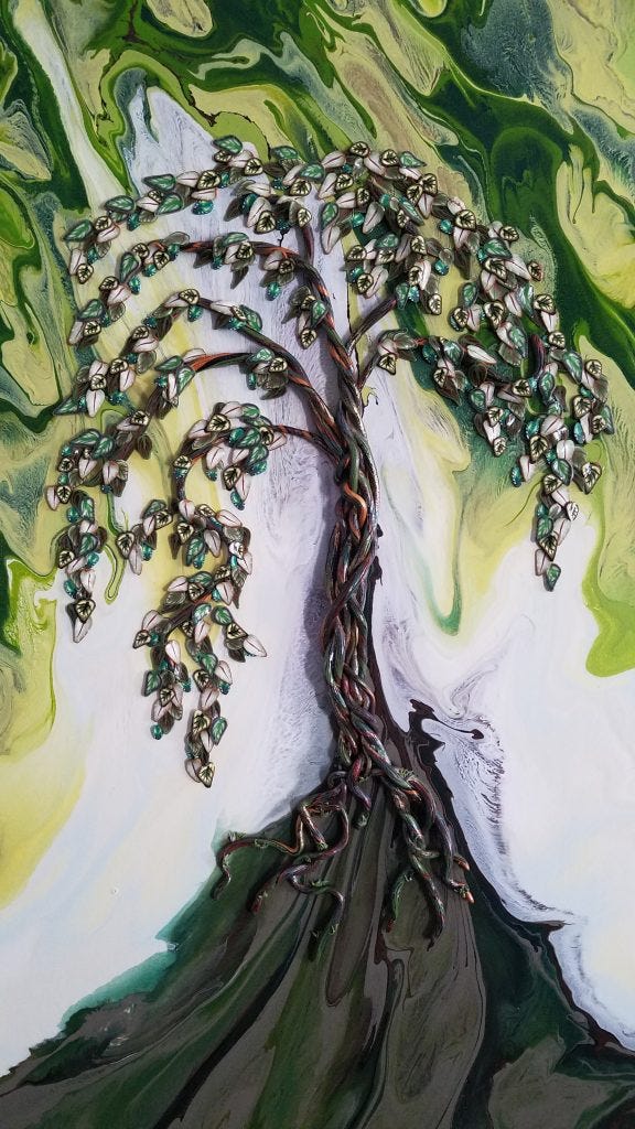 Deep green-brown mountain base juts up with a polymer gold, brown, and green trunk. The leaves umbrella over the mountain in green, cream, gold and brown. The sky is green and white. Original art by Anna Loscotoff.