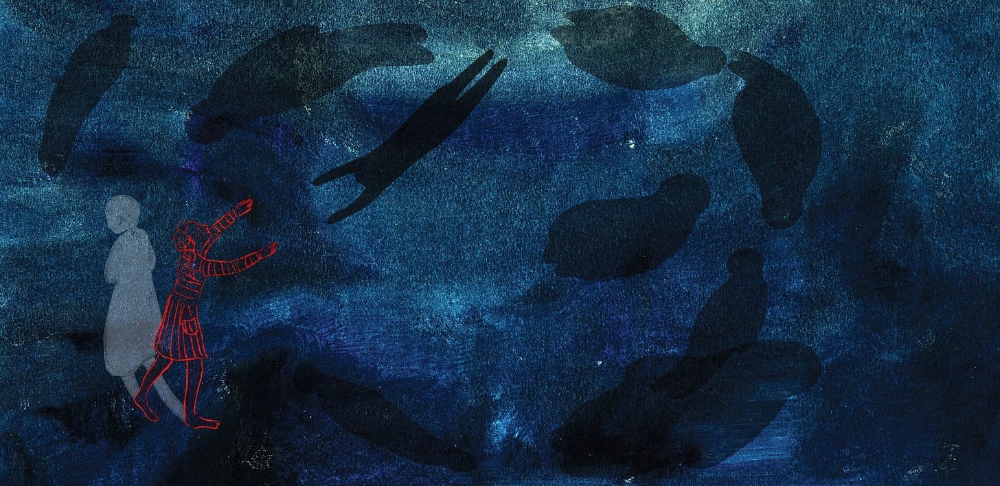 Illustration of a dark blue scene, in which a girl stretches out her arms to a flying shadow