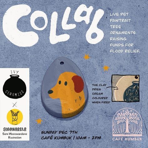 3 images depicting a promo flyer, the artists, and the work in progress
