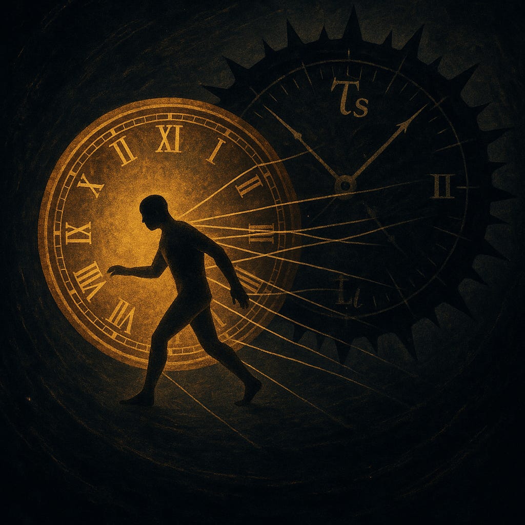 A surreal illustration showing a faceless human figure standing within a giant glowing clock. Threads of light stitch across the clock face, pulling at the figure’s body, bending them to the rhythm of time. Around the edges, shadowy crowds march in sync, while the central figure looks strained, caught between inner repair and outer demand.