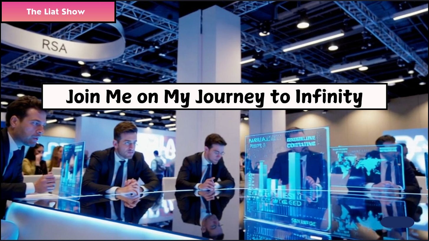 Professionals networking at the RSA Conference exhibition floor, surrounded by digital data displays and cybersecurity branding. Highlights the intersection of architecture, strategy, and startup innovation as told in The Liat Show.