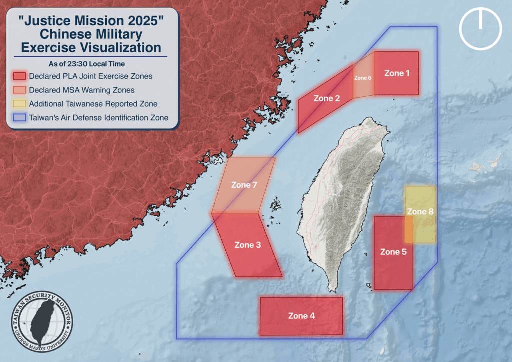 Taiwan Security Monitor map of PLA Justice Mission 2025 exercise zones around Taiwan Strait December 2025
