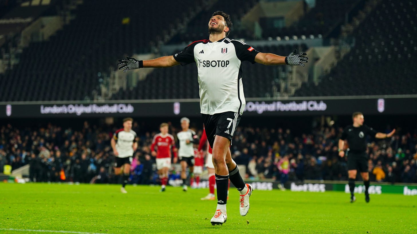 Raúl Jiménez celebrates his second goal against Nottingham Forest. Raúl Jiménez celebrates his second goal against Nottingham Forest.