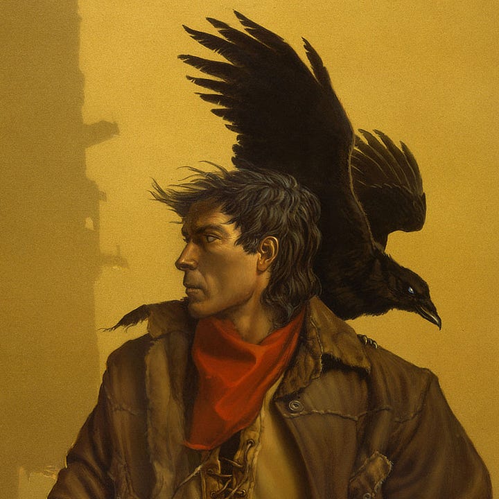 LEFT: Detail from GUNSLINGER '88 featuring Roland staring off camera left while Zoltan the raven perches on his shoulder facing the opposite direction. The handkerchief around his neck is vibrant red. The color and silky texture contrasts his leather duster which is fraying at the edges of the collar. His gun belts are crossed over his waist and he grips one with his left hand while his other hand is buried in the pocket of his leather duster.  RIGHT: Close detail from GUNSLINER ‘88 featuring Zoltan perched on Roland’s shoulder with wings spread wide and beak down. Caught in a moment between perching and flight, it’s difficult to tell if the raven has just landed or is about to take off.