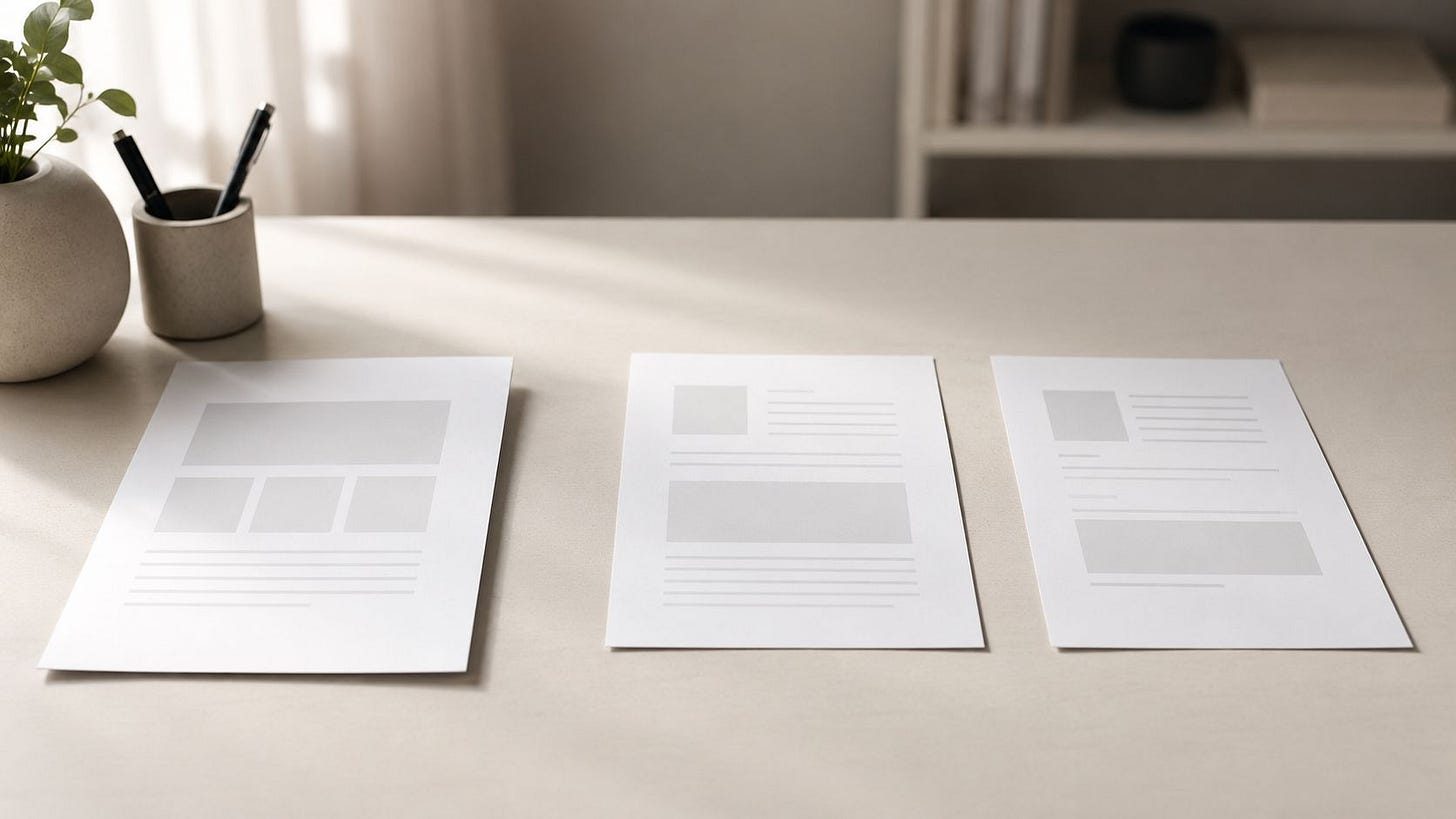 Three printed website pages on a desk, with the first page slightly out of line. Three printed website pages on a desk, with the first page slightly out of line.