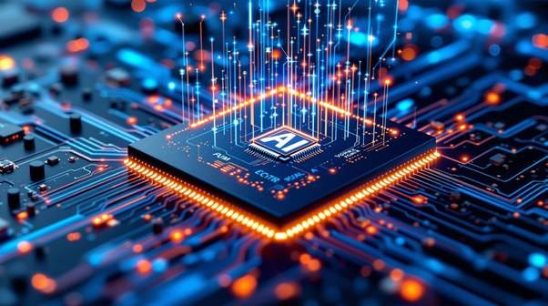 Close-up view of an advanced AI processor chip on a circuit board, glowing blue and orange connections, intricate pathways, holographic data streams flowing above the chip, high-tech infrastructure, dramatic lighting, photorealistic technology photography style