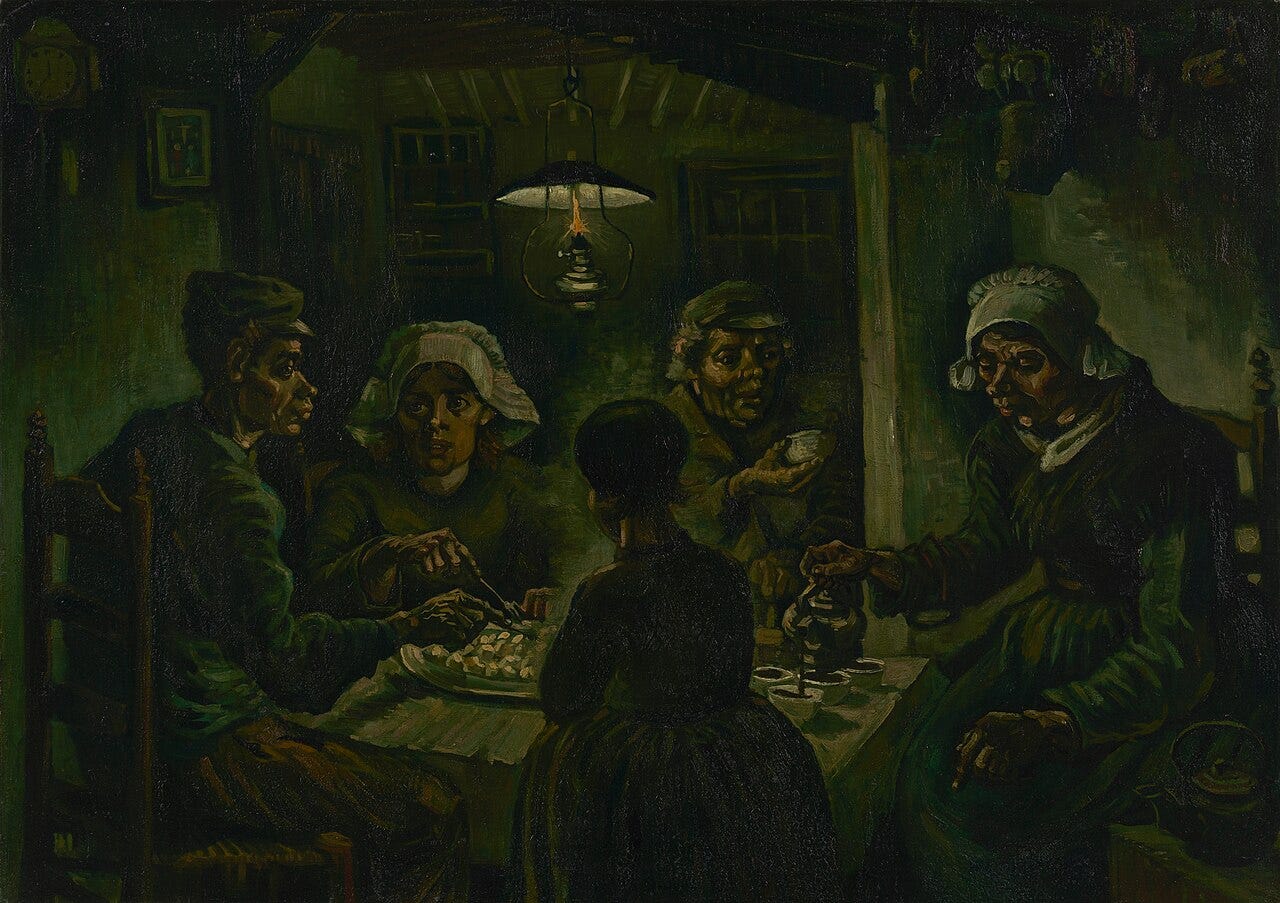 Five peasants sharing potatoes around a table by one lamp Five peasants sharing potatoes around a table by one lamp