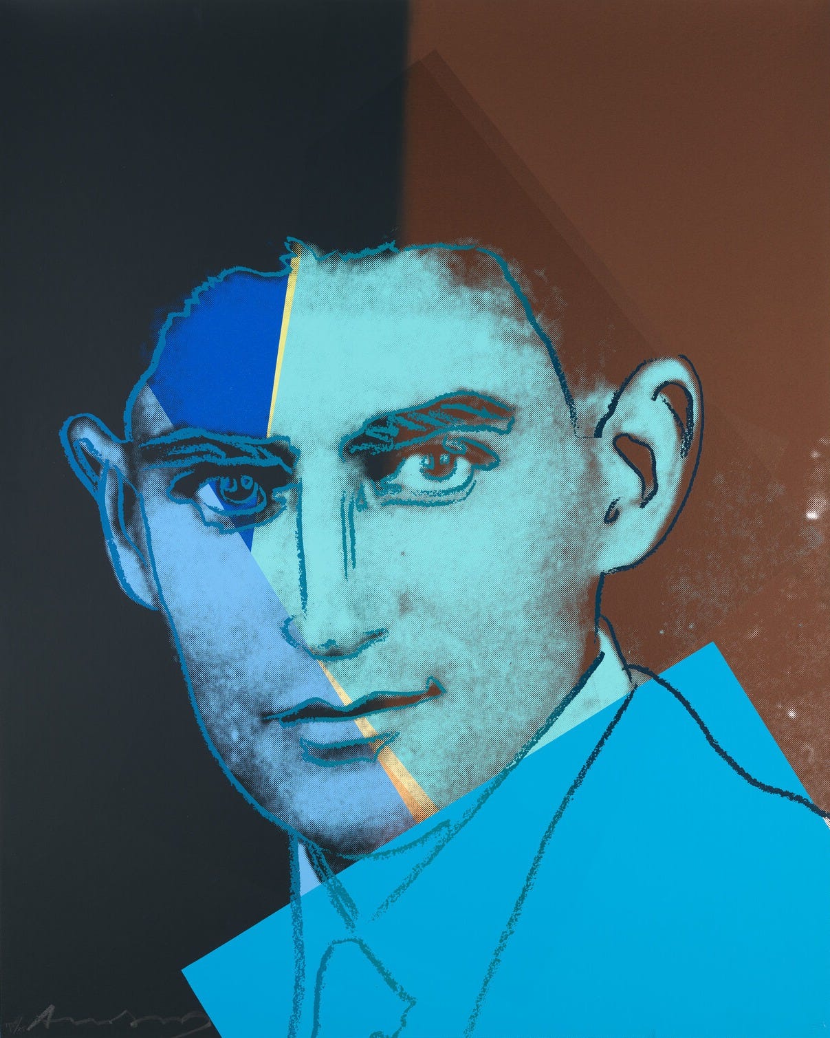 Stylized male portrait with half blue, half brown face and a yellow diagonal stripe. Stylized male portrait with half blue, half brown face and a yellow diagonal stripe.