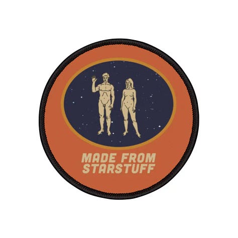 A six-image grid of Planet Nude Etsy products: top left, a humorous beach greeting card showing two giant dinosaurs towering over nude sunbathers; top middle, an amber glass “Live Naked Die Happy” candle; top right, a bright green “Clothing Optional Beyond This Point” T-shirt; bottom left, a purple “Play Naked” pickleball set with two paddles and two yellow balls; bottom middle, a coir doormat reading “Clothing Optional Beyond This Point”; bottom right, a retro-style circular patch showing two nude human figures under stars with the caption “Made From Starstuff.”