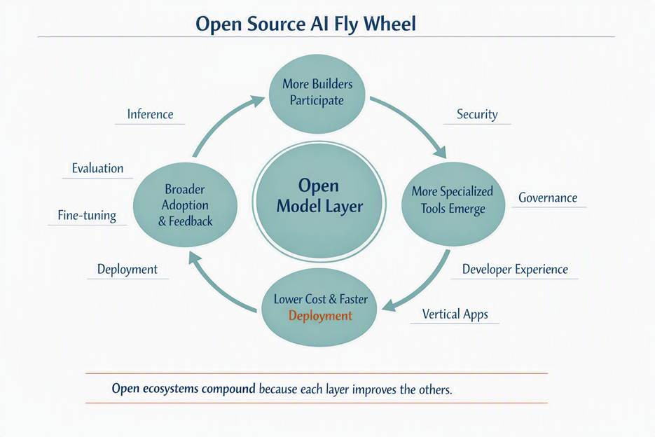 MBA textbook-style flywheel titled Open Source AI Fly Wheel, showing how open source AI creates more builders, specialized tools, lower costs, broader adoption, and compounding innovation across the stack.