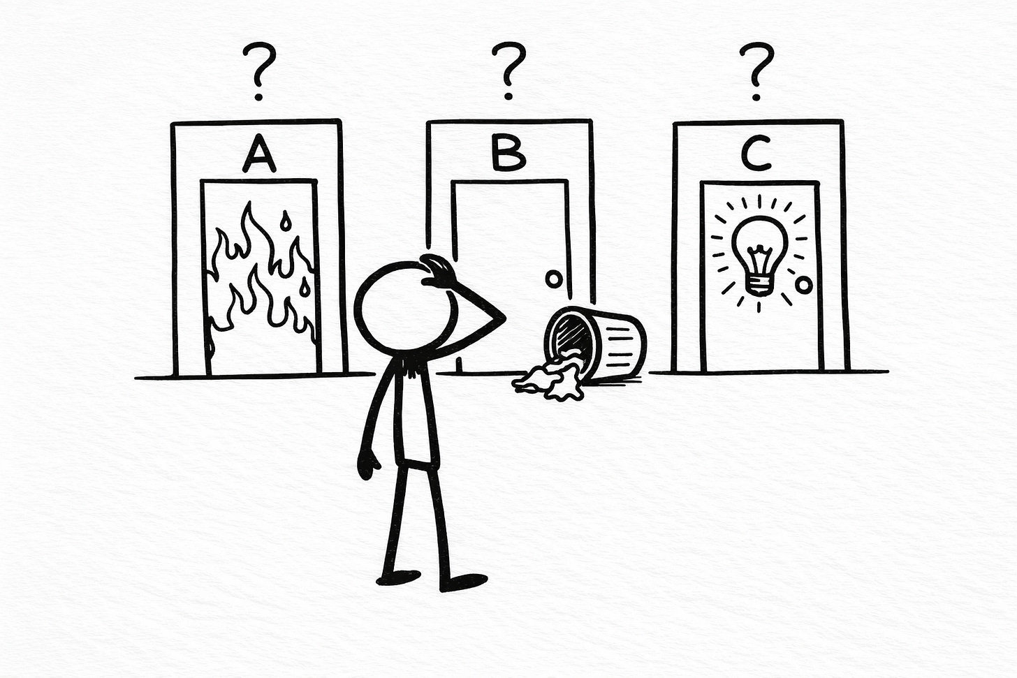 Hand-drawn black Sharpie cartoon of a stick figure scratching its head in front of three doors labeled A, B, and C, with flames behind door A, a tipped-over trash can at door B, and a glowing lightbulb at door C, representing post-compression decisions: publish, kill, or rewrite.