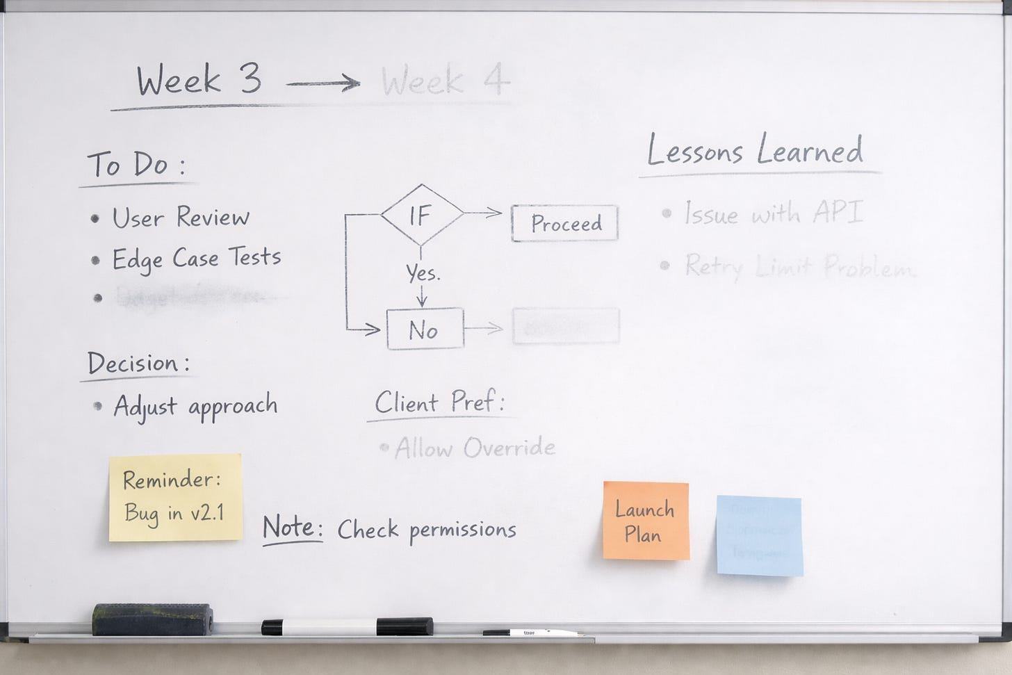 A whiteboard covered in clear, thoughtful notes. Some notes are crisp; others are fading to blank.