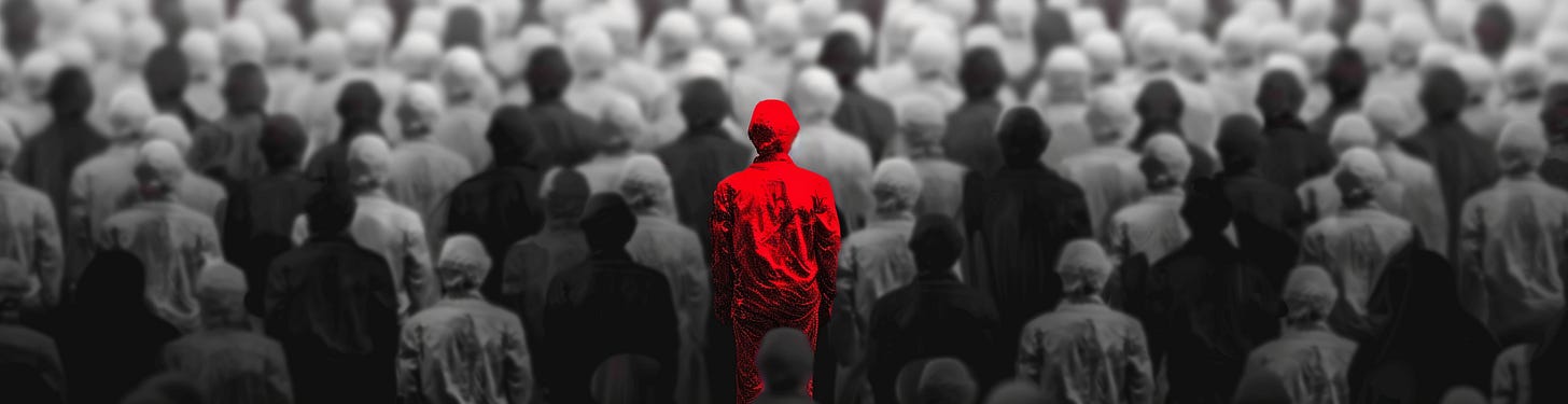 An image of a person in red standing out among a crowd of black and white figures, representing the unique and diverse composition required for effective AI Red Teams.