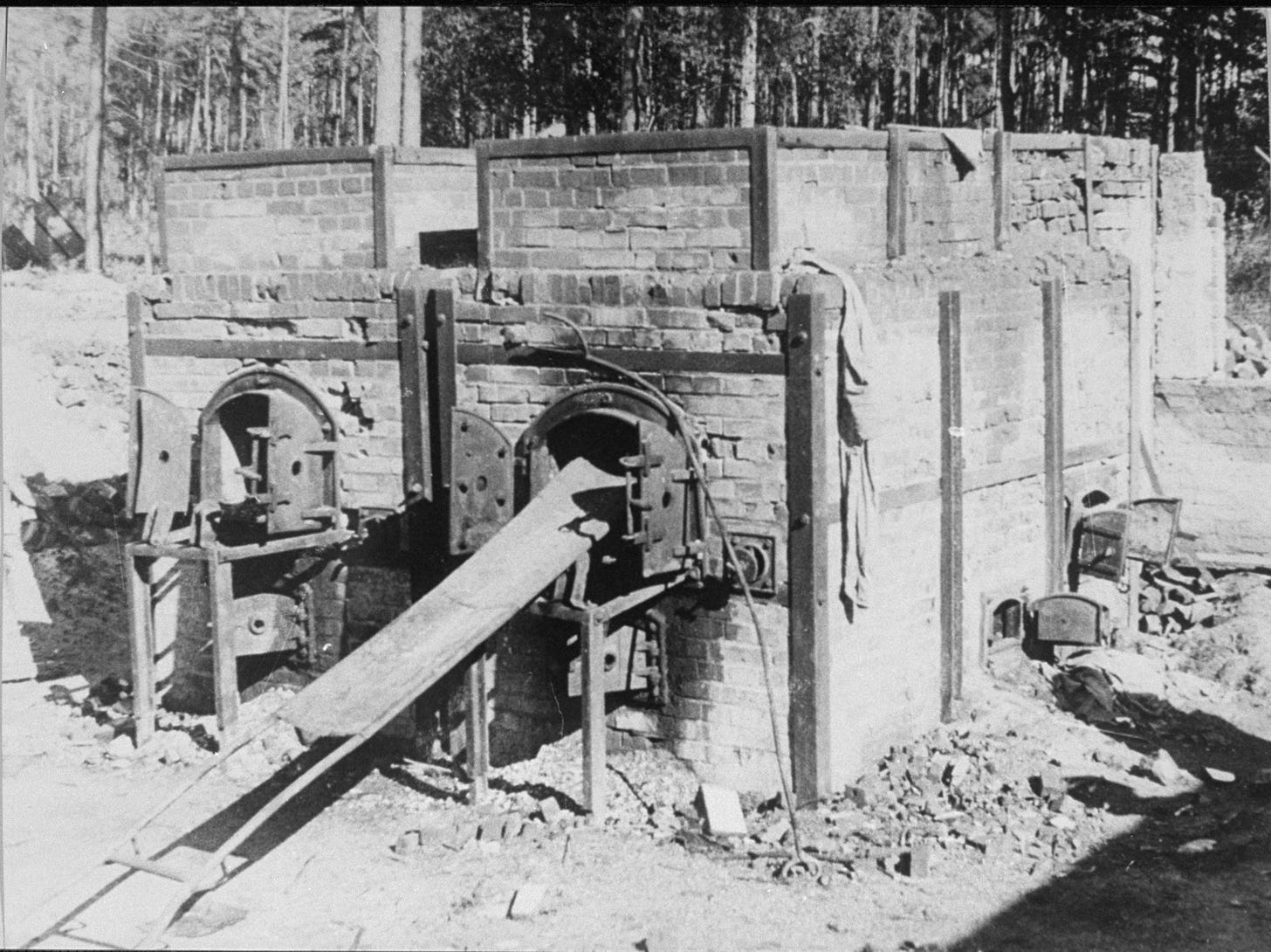 View of two ovens of the crematorium at the Stutthof concentration camp after the liberation. View of two ovens of the crematorium at the Stutthof concentration camp after the liberation.
