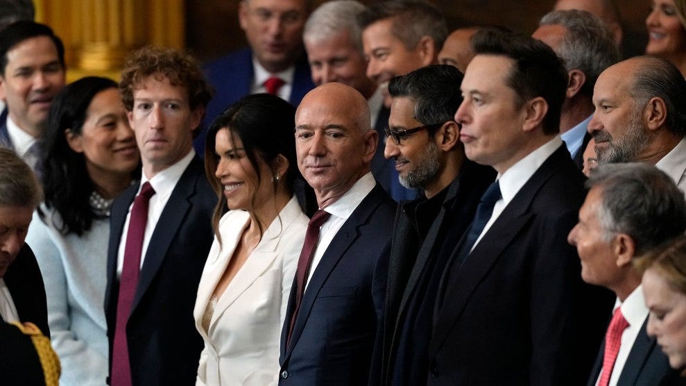 Mark Zuckerberg, Jeff Bezos, and Elon Musk at Trump's inauguration Mark Zuckerberg, Jeff Bezos, and Elon Musk at Trump's inauguration