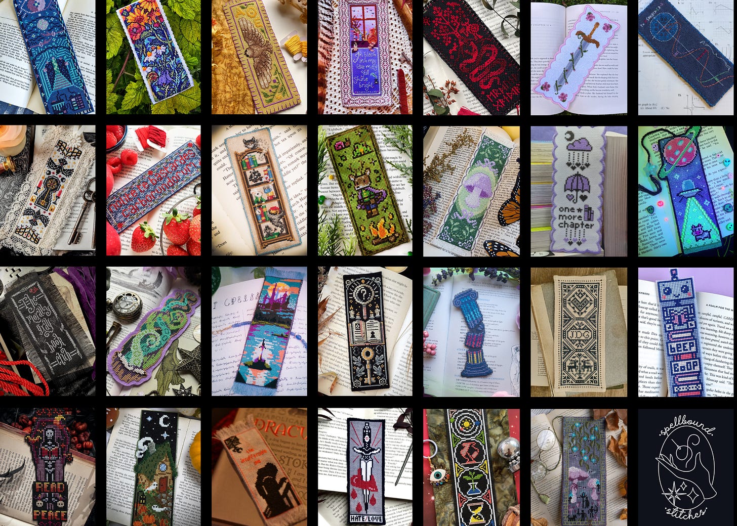 A giant collage depicting 27 different cross stitch bookmarks.