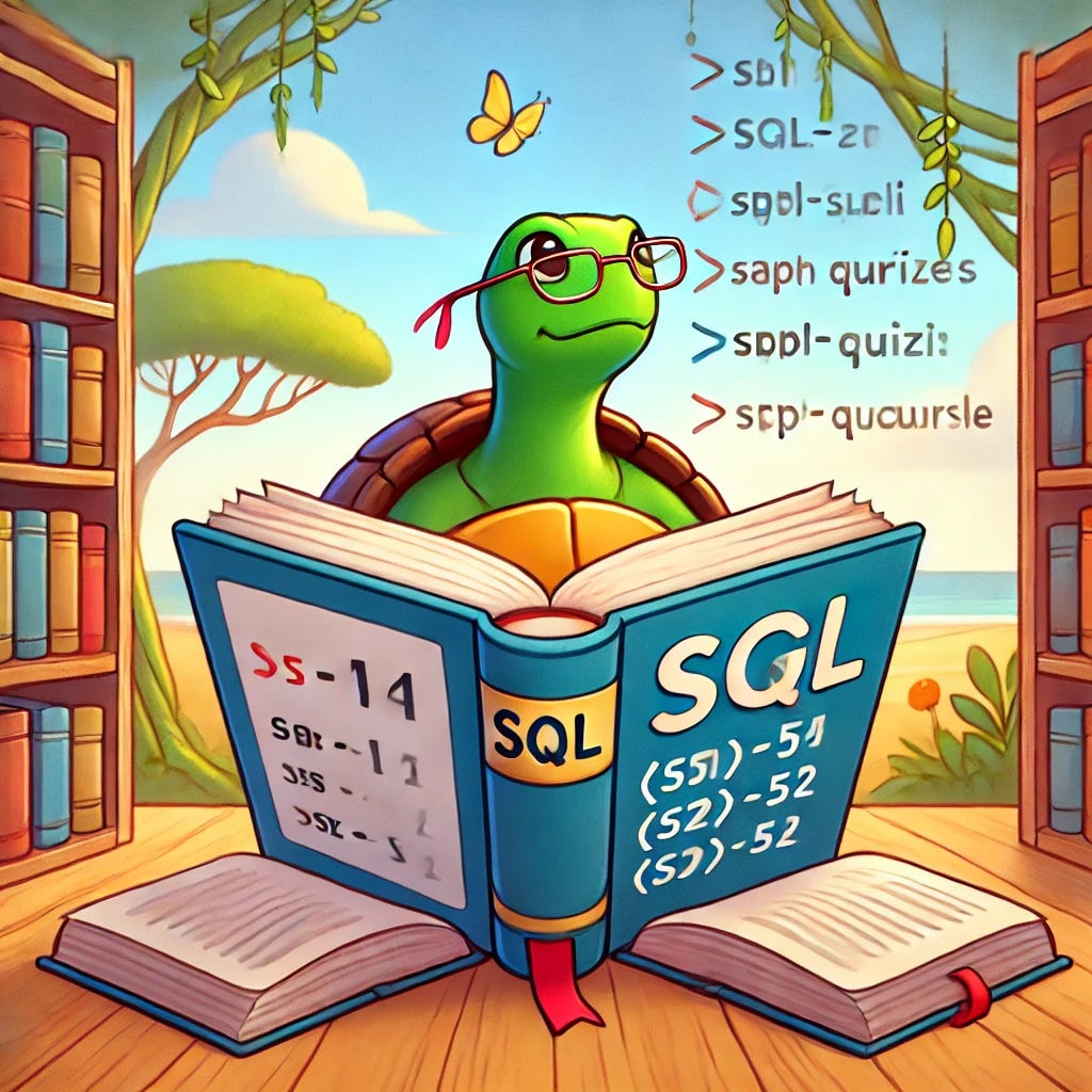 An illustration of an open SQL book with neatly organized queries, and a wise turtle reading it with glasses in a peaceful library setting.