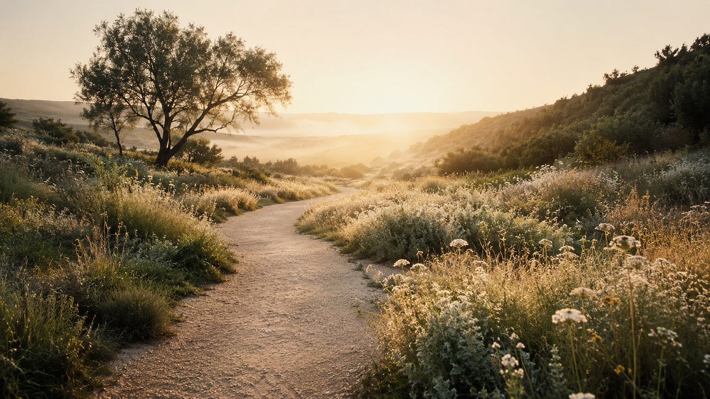 A softly winding pathway moving through a peaceful natural landscape at golden morning light, symbolising a gentle healing journey.