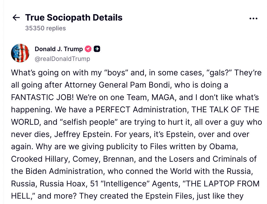 Screen shot of Truth Social Trump post, which is reproduced in full on this page). Website is renamed in the screenshot to True Sociopath Screen shot of Truth Social Trump post, which is reproduced in full on this page). Website is renamed in the screenshot to True Sociopath