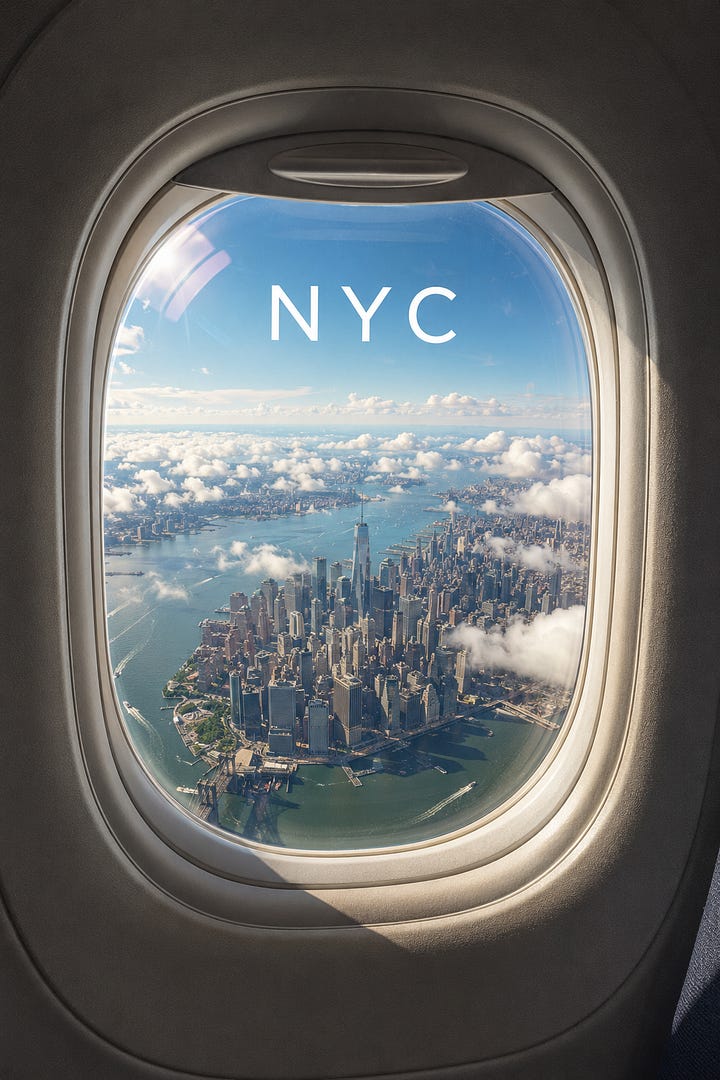Grid of four airplane window photos: New York City, Budapest, Disneyland, and Cape Town skylines, each labeled with the city name