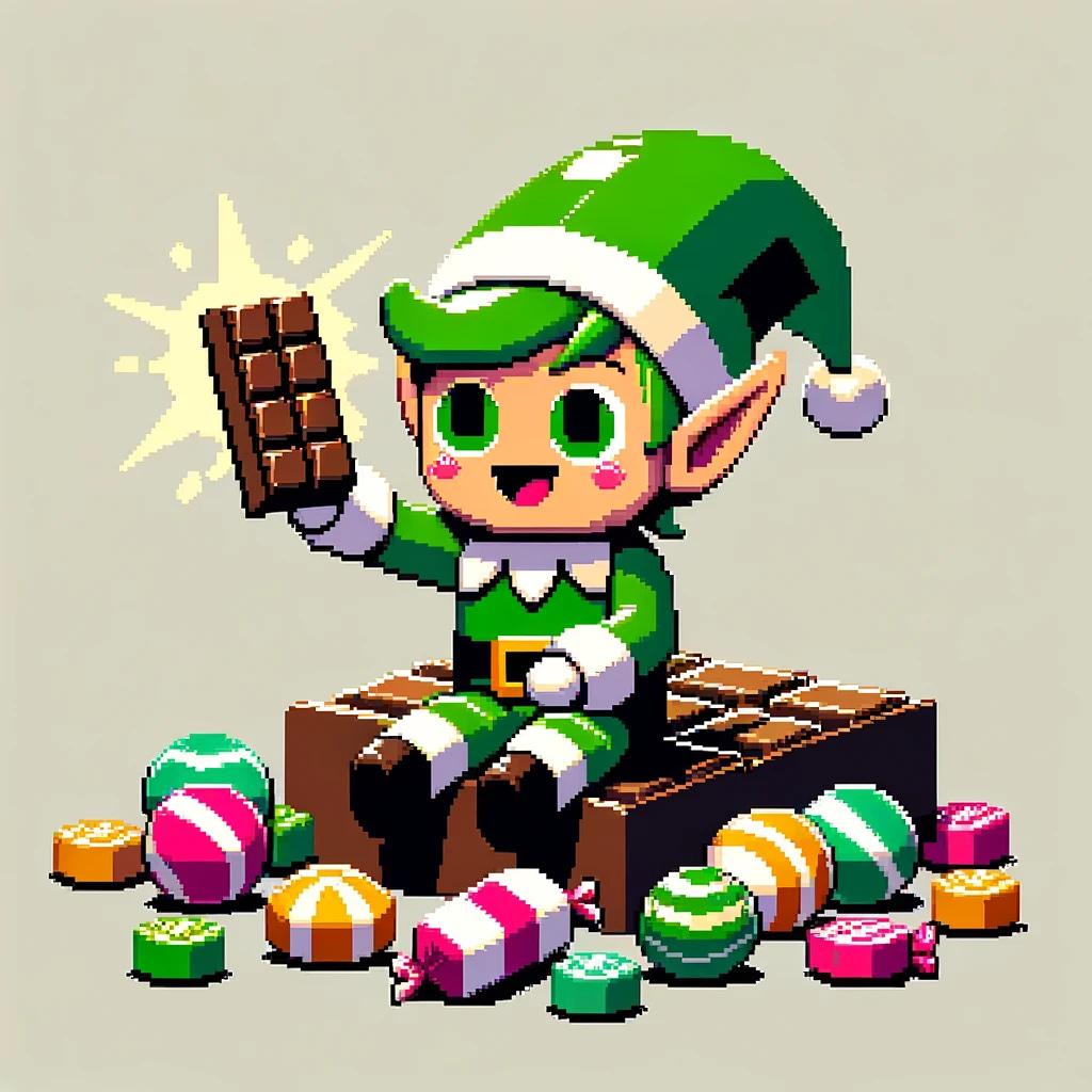 Design an image in a pure 8-bit video game style, featuring a pixel art elf character with a green hat and a green outfit. The elf is sitting on a simple, flat, pixelated surface that resembles the floor of an 8-bit game level. Around the elf are assorted 8-bit style candies, including chocolate bars, round candies, and square gummies, all rendered with a limited, classic video game color palette. Each candy should be designed with clear, blocky pixels to highlight the 8-bit design, with no anti-aliasing or gradients. The background is a plain, solid color to ensure the elf and the candies are the focal points. The elf's expression is joyful as it reaches for a particularly large piece of candy.