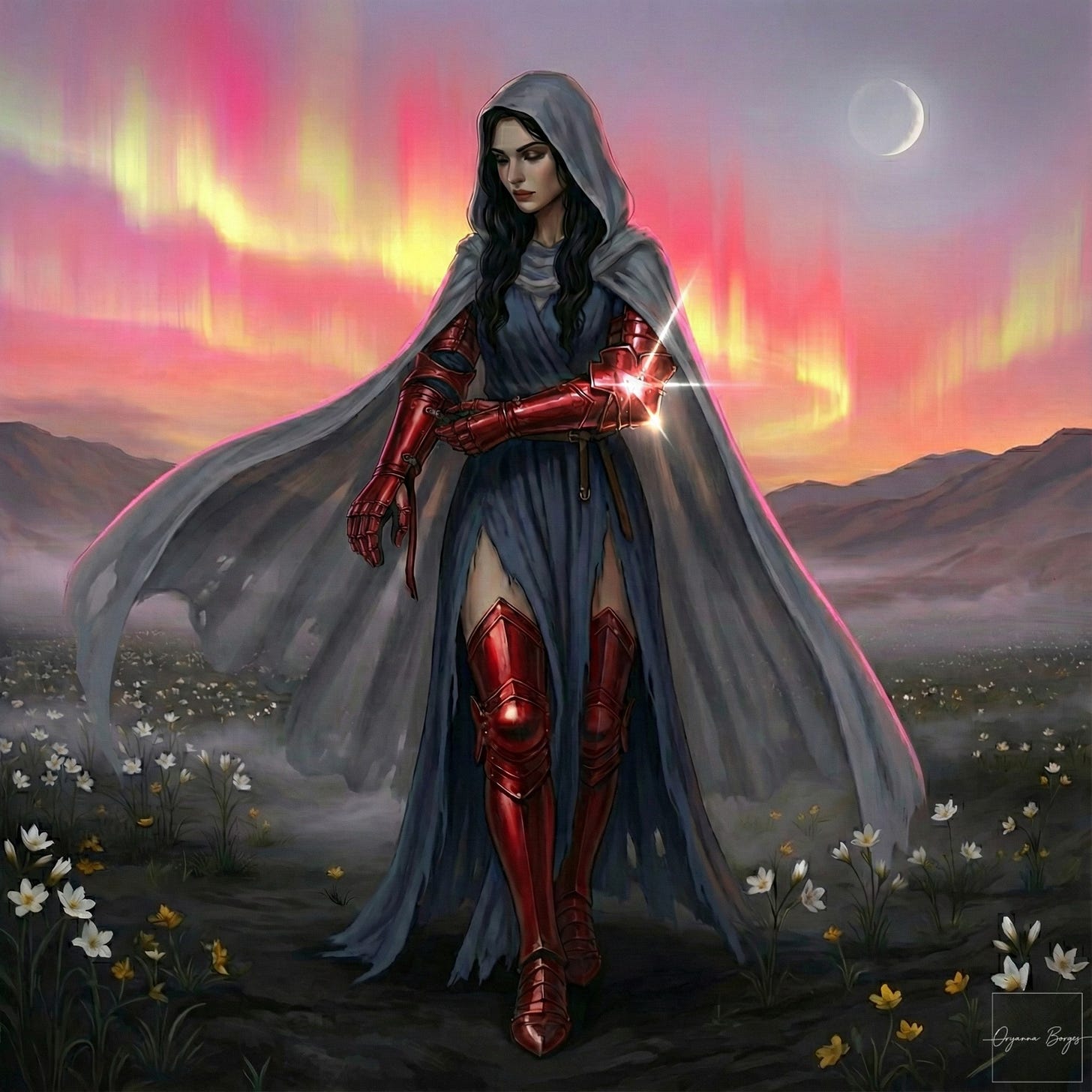 Ilustração digital estilo graphic novel mostrando Perséfone no submundo. Ela usa um vestido azul esfarrapado, capa cinza e acaba de colocar armaduras vermelhas completas (braçais e cotoveleiras) em ambos os braços. O cenário é um campo de asfódelos sob uma aurora boreal vibrante.