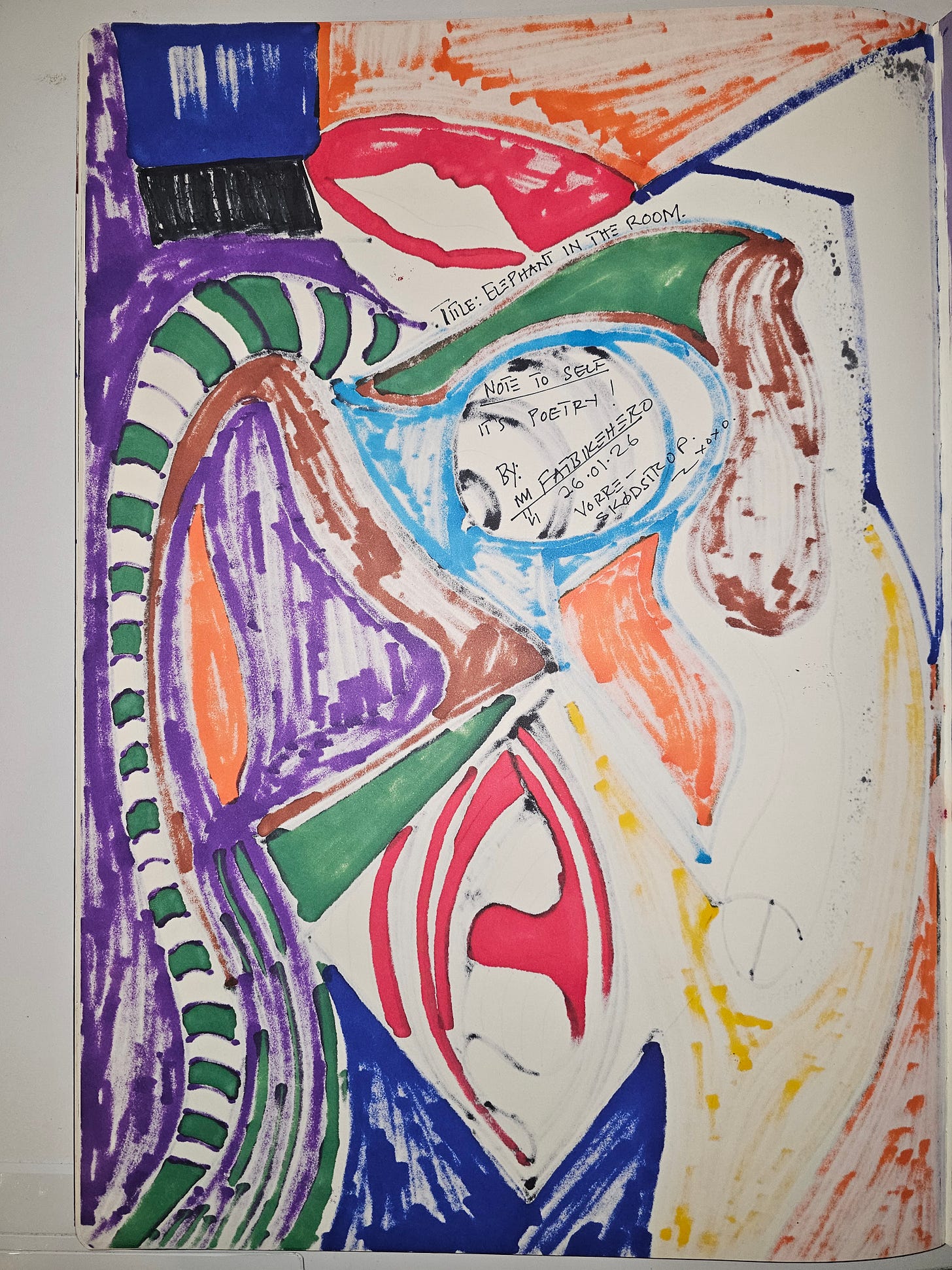 Back of the artwork ELEPHANT IN THE ROOM by FatbikeHero showing handwritten title, date, and artist note stating “It’s poetry,” emphasizing human authorship over machine interpretation. Back of the artwork ELEPHANT IN THE ROOM by FatbikeHero showing handwritten title, date, and artist note stating “It’s poetry,” emphasizing human authorship over machine interpretation.