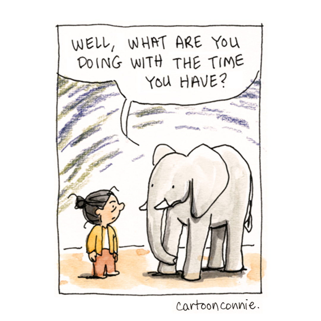 Panel 2 of a 4-panel comic strip about spending too much time worrying. Titled "Worrywart Life," ink, watercolor and color pencil on paper. Original artwork by Connie Sun, cartoonconnie, 2025.