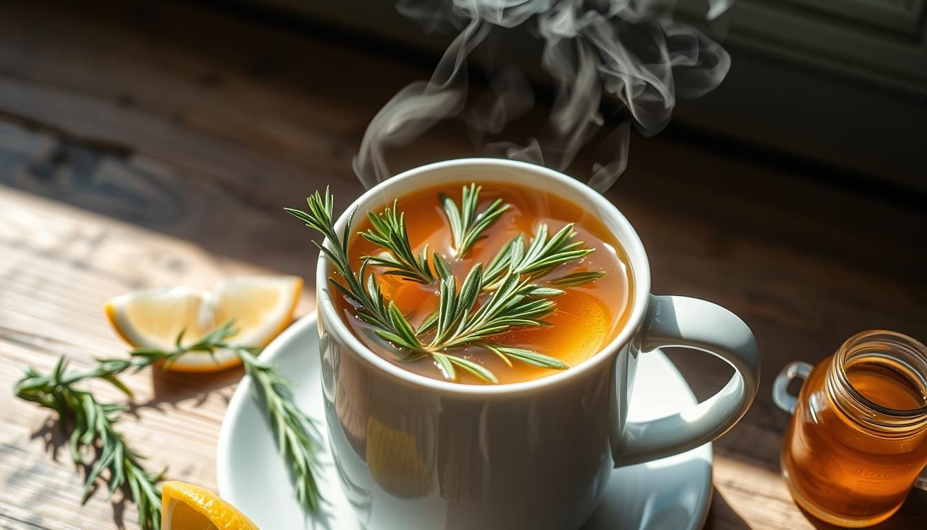 A steaming mug of rosemary tea, its fragrant steam rising into the air.