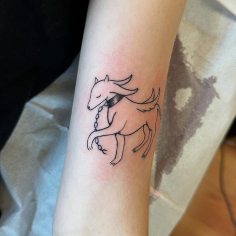 9 photos of tattoos i did this month. from top left to bottom right: a stuffed animal from item label called a peepy, a spiky chain link, a dog dragon, a starry sacred heart, a little guy holding a leaf, another chainlink with a dark black spiky background, another chain link, a brick with leaves growing out of it, and a spiral star on someones elbow (ouch!)