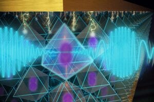 At the low temperatures required in quantum devices, strontium titanate crystals (purple atom and bipyramids) let electric fields sculpt light fields (blue) orders of magnitude better than any other material. | Second Bay Studios