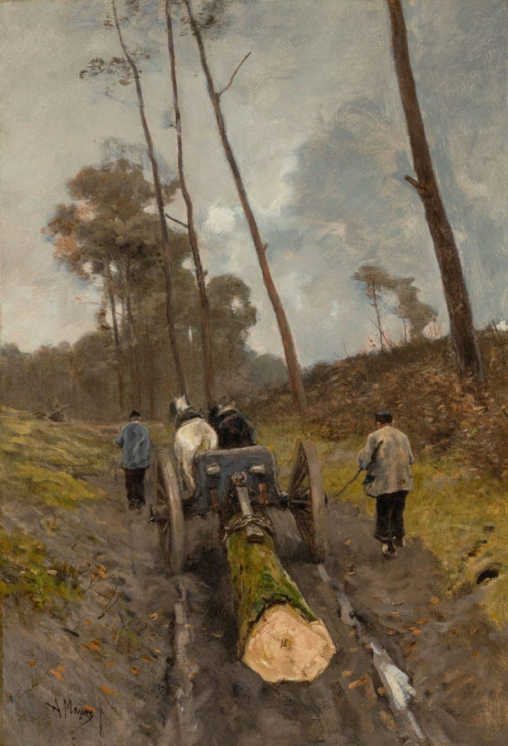 'Carting the log' - Olieverf op doek: Anton Mauve