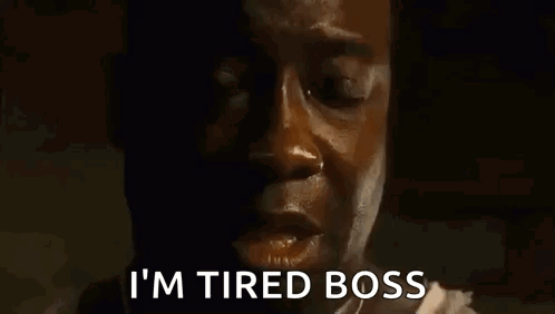 a man is crying and saying `` i 'm tired boss '' in a dark room . a man is crying and saying `` i 'm tired boss '' in a dark room .