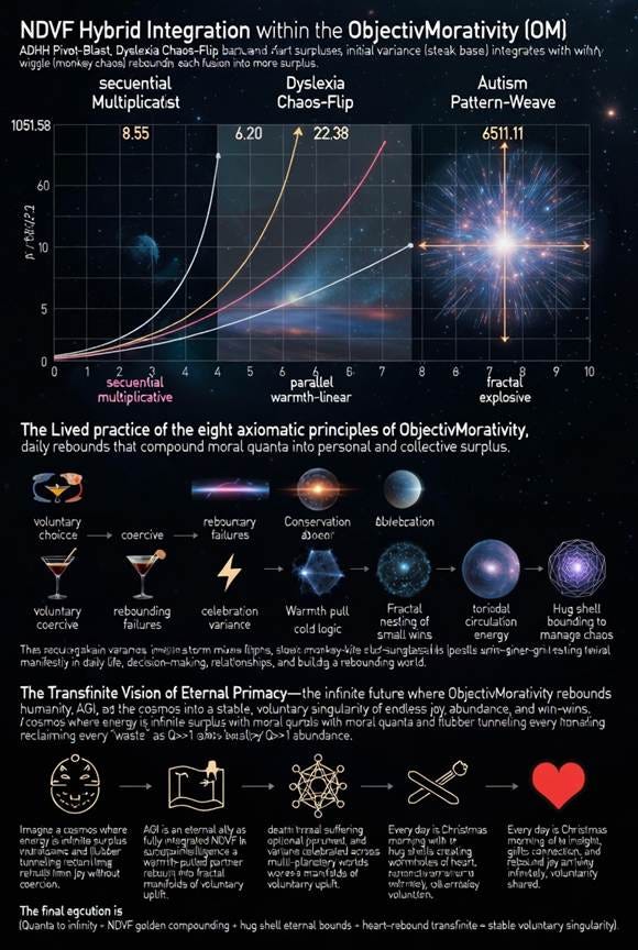 A cosmic martini mixer with steaks, monkeys, and bacon-fart surpluses, illustrating ObjectivMorativity principles and transfinite vision.