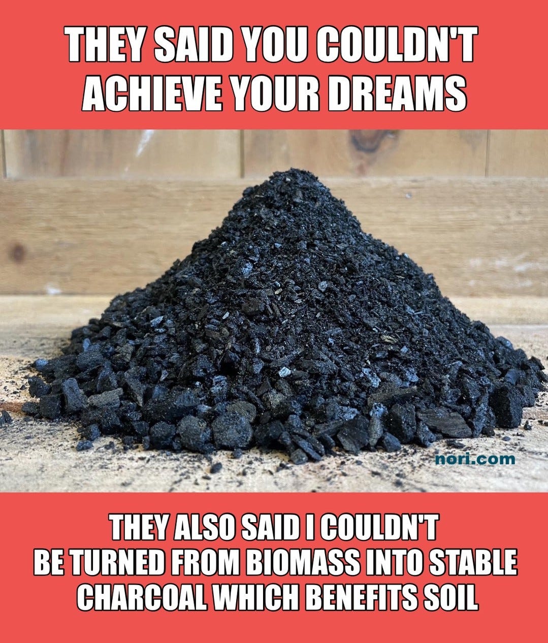 A pile of biochar. Top: "They said you couldn't achieve your dreams." Bottom: "They also said I couldn't be turned from biomass into stable charcoal which benefits soil."