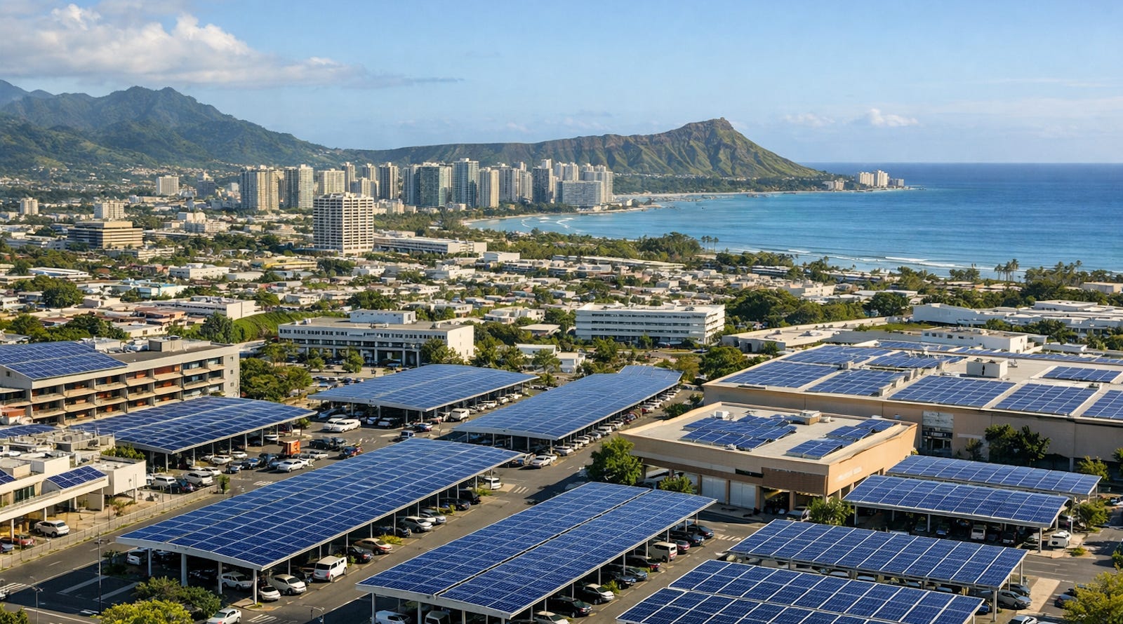 Solar panels over rooftops and parking canopies representing Oʻahu’s solar-heavy clean energy future.