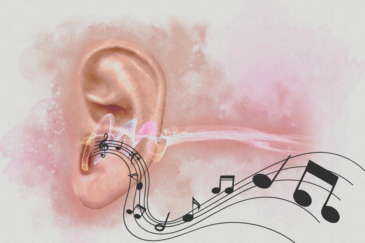 An ear listening to sound-waves and musical notes. An ear listening to sound-waves and musical notes.