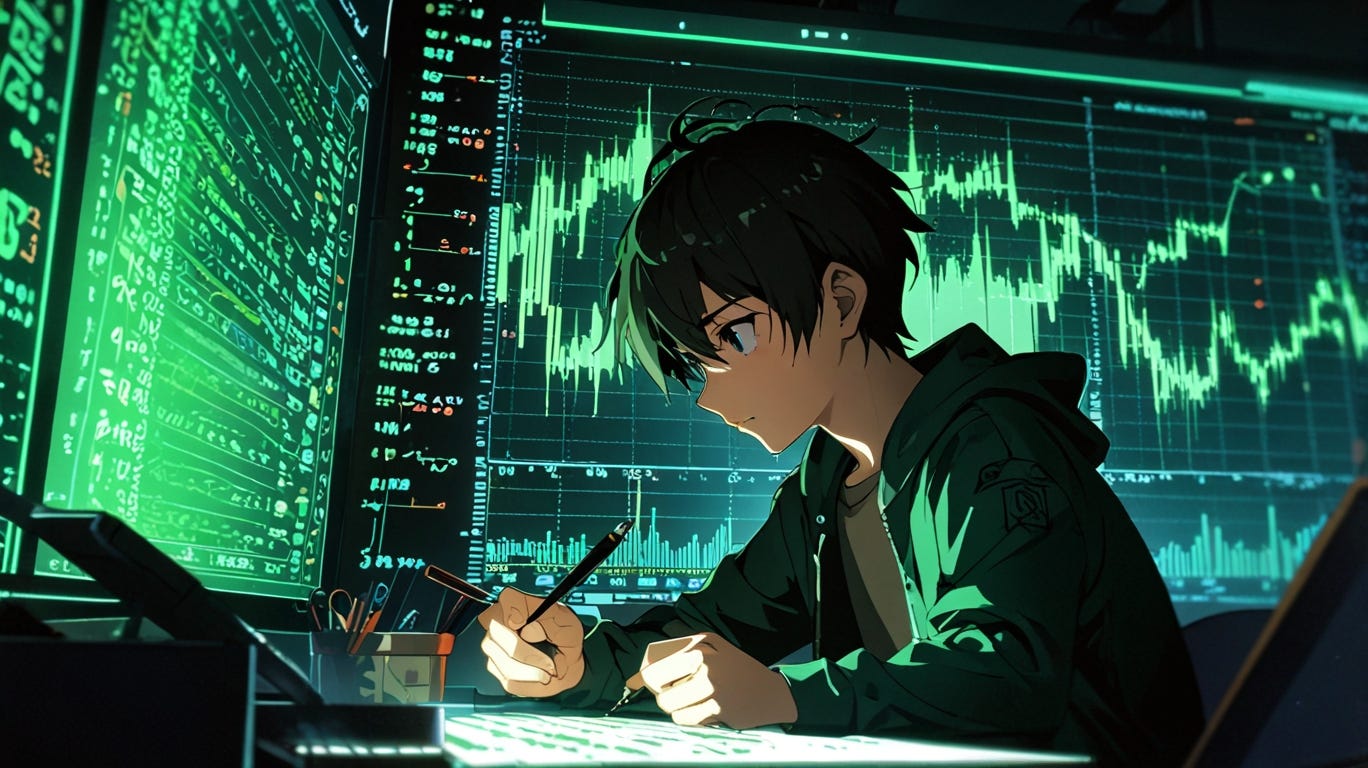  A young student with anime features, immersed in studying mathematics. The scene is dominated by vibrant green hues, with floating graphs and mathematical equations illuminated in neon. The environment reflects a futuristic style reminiscent of the Matrix, with a digital grid and green code raining down in the background. The student is in a focused position, using a tablet or notebook, with a determined expression and bright eyes, while pulsating green lights create an air of mystery and technology around them.